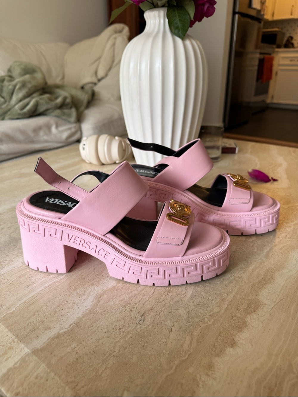 Versace Pink Leather Platform Sandals with Gold Medusa Accent